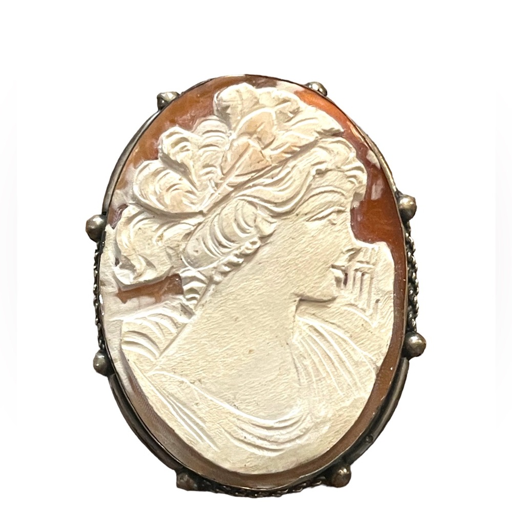 Vintage 1930s 800 Italy silver carved shell cameo brooch pendant Large